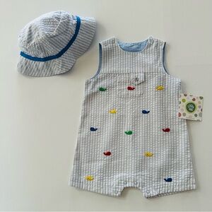 Little Me 6 Months Baby Boy Whale Romper Hat Set Outfit Woven Sunsuit NWT Blue